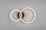 Lampa sufitowa Scope z dwoma okręgami LED o mocy 22W i temperaturze barwowej 3000K. Czarna oprawa z metalowym mocowaniem, minimalistyczny design, montaż na suficie. Dwa okręgi emitujące ciepłe światło, w układzie nachodzącym na siebie.