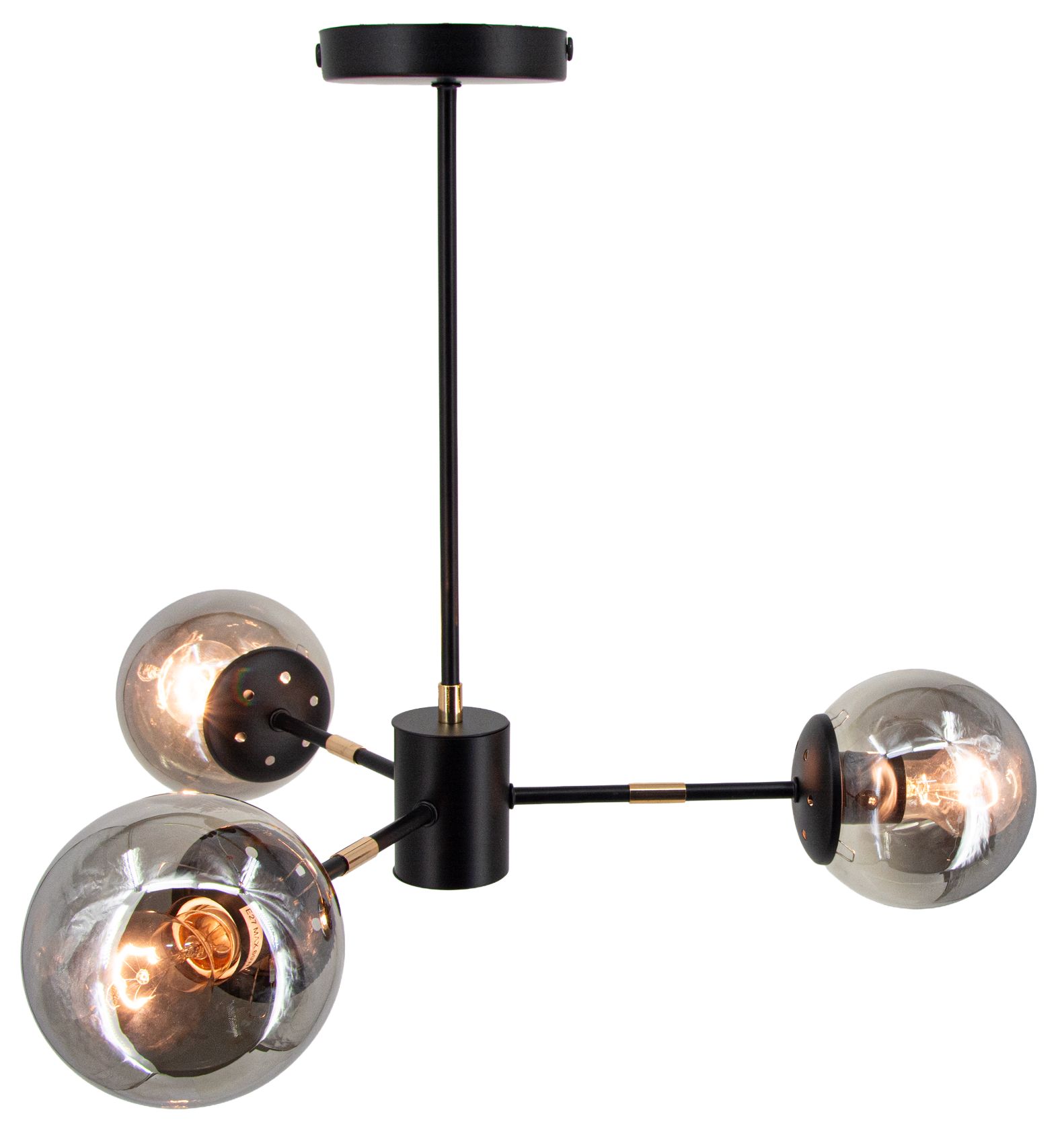 Lampa wisząca Gaja 3xE27 w kolorze czarnym i złotym, z trzema przezroczystymi, okrągłymi kloszami. Ujęcie z boku, ukazuje elegancki design oraz połączenie metalu i szkła. Lampa zawieszona na cienkim, czarnym przewodzie.