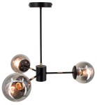 Lampa wisząca Gaja 3xE27 w kolorze czarnym i złotym, z trzema przezroczystymi, okrągłymi kloszami. Ujęcie z boku, ukazuje elegancki design oraz połączenie metalu i szkła. Lampa zawieszona na cienkim, czarnym przewodzie.