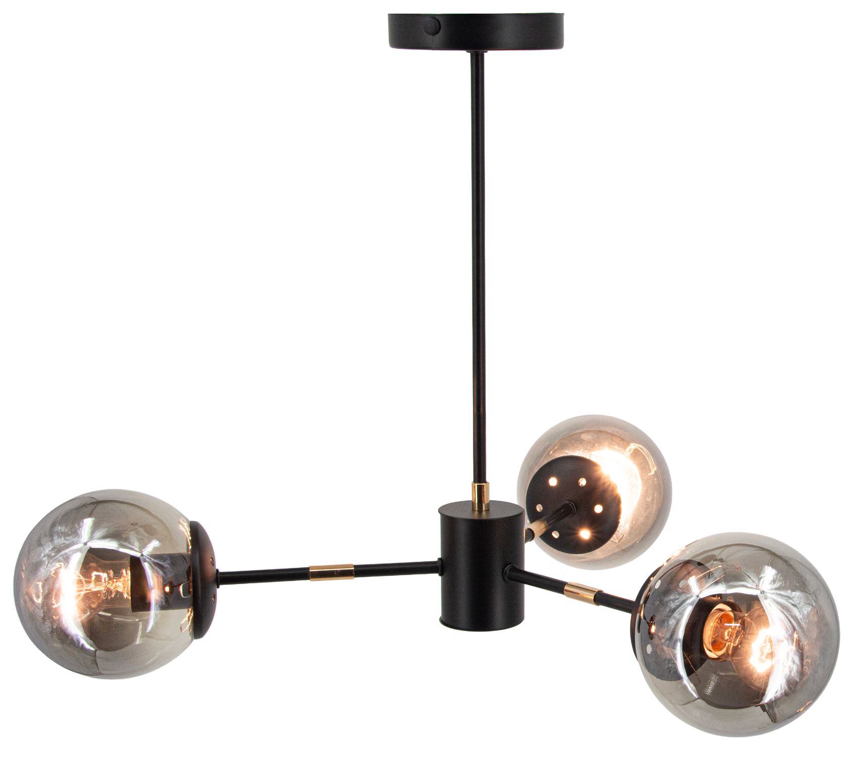 Lampa wisząca Gaja w kolorze czarnym i złotym, z trzema kulistymi kloszami w odcieniu transparentnym. Utrzymana w nowoczesnym stylu, z metalową konstrukcją, zawieszona na długim przewodzie. Idealna do przestrzeni mieszkalnych.