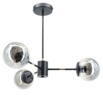 Lampa wisząca Gaja z trzema kulistymi kloszami, w kolorze czarnym i złotym. Klosze szklane, przezroczyste, osadzone na metalowej konstrukcji. Ujęcie z dołu, pokazujące detale połączeń i sposób montażu. Idealna do nowoczesnych wnętrz.