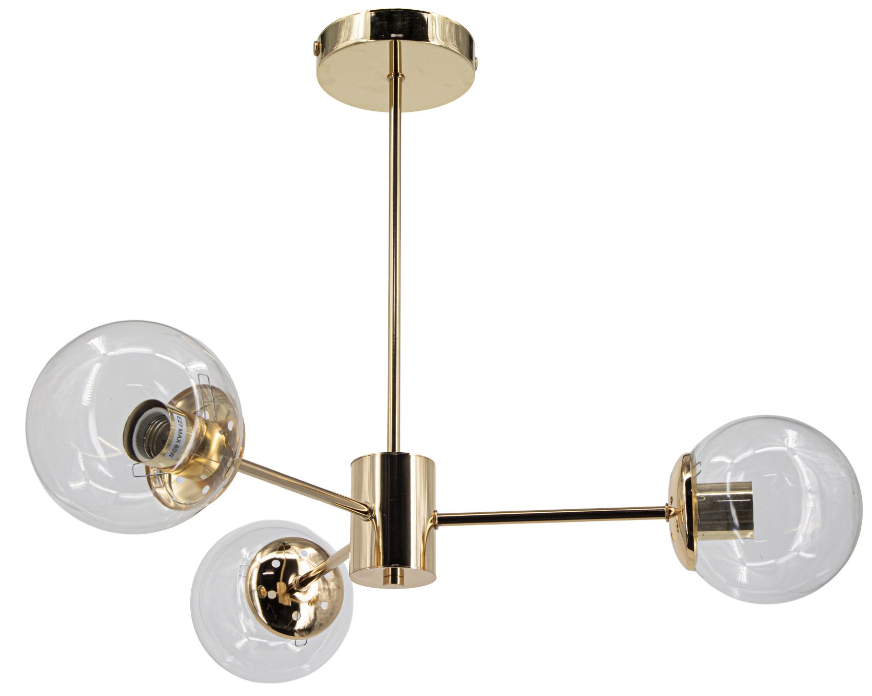 Lampa wisząca Gaja z trzema kloszami w kształcie kul, wykonana z przezroczystego szkła, z metalowymi złotymi detalami. Uchwyt montażowy na suficie, wysoka jakość wykonania, idealna do nowoczesnych wnętrz.