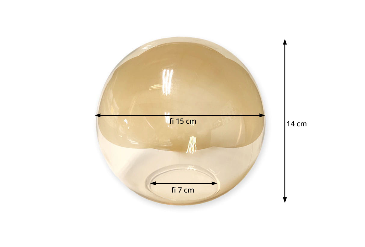 Klosz szklany Sebia w kształcie kuli, średnica 15 cm, wysokość 14 cm. Przezroczysty, z otworem o średnicy 7 cm u dołu. Gładka powierzchnia, idealny do lamp i dekoracji. Ujęcie z góry, na białym tle.