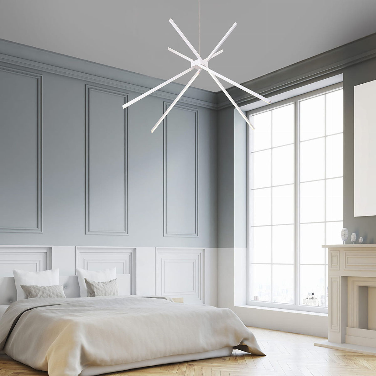Lampa wisząca Spider LED 3-punktowa w białym kolorze, o nowoczesnym designie. Ułożona w kształcie gwiazdy, zawieszona w przestrzennym wnętrzu sypialni z jasnymi ścianami i dużymi oknami, podkreślająca elegancję aranżacji.