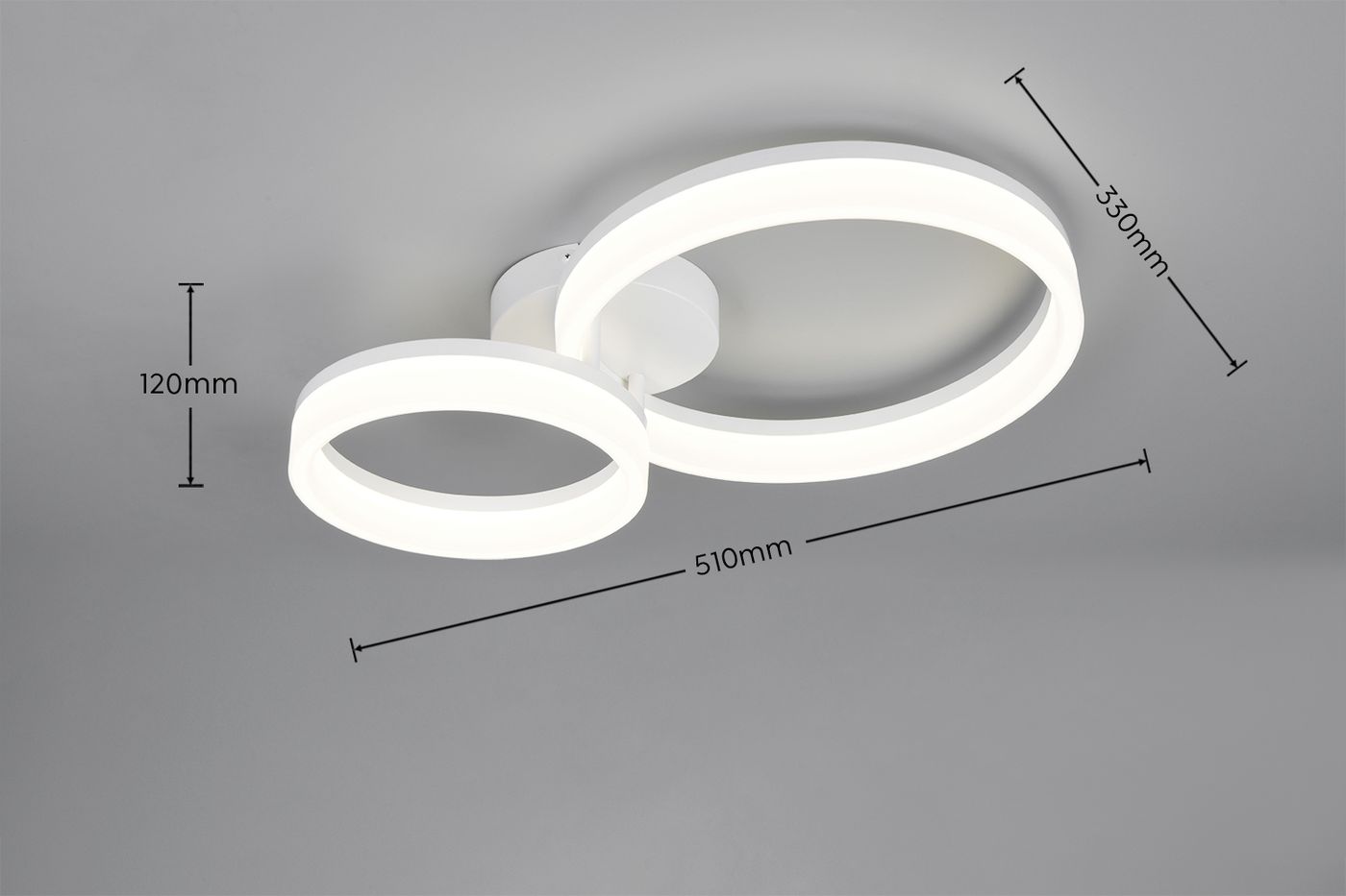 Lampa sufitowa Scope z dwoma okrągłymi elementami LED o mocy 22W i temperaturze barwowej 4000K. Biała obudowa, wymiary: 510mm średnicy, 120mm wysokości, montowana na suficie. Minimalistyczny design, idealna do nowoczesnych wnętrz.