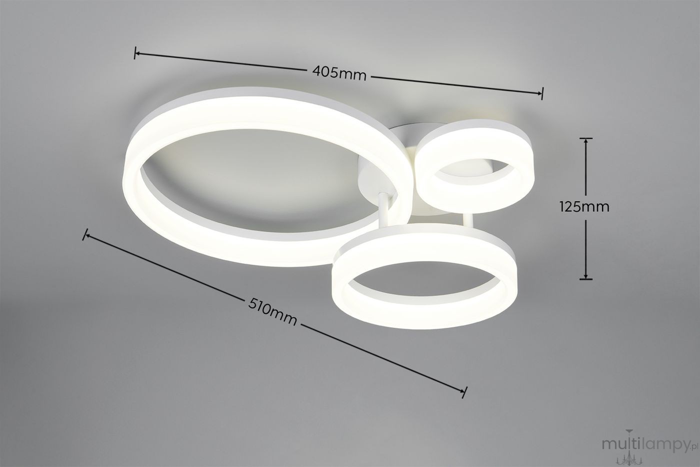 Lampa sufitowa Scope z trzema źródłami LED, o mocy 32W i barwie 4000K, w kolorze białym. Posiada dwa okrągłe elementy: większy o średnicy 510 mm i mniejszy o średnicy 405 mm. Montaż sufitowy, wysokość 125 mm.