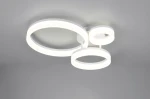 Lampa sufitowa Scope z trzema okręgami, w białym kolorze, wykonana z tworzywa. Ujęcie z góry, ukazujące dwa większe i jeden mniejszy pierścień. Oświetlenie LED 32W, barwa światła 4000K, montowana na suficie. Prosta, nowoczesna forma.