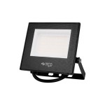 Naświetlacz LED halogen 30W z obudową w kolorze czarnym, kwadratowy kształt, z białym, płaskim panelem emitującym światło o jasności 2400 lumenów. Ustawiony na składanym stojaku, odporność na warunki atmosferyczne IP65.