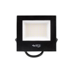 Naświetlacz LED halogen 30W z białą neutralną barwą światła, o mocy 2400 lm. Kwadratowa obudowa w kolorze czarnym, z białym panelem LED z widocznymi diodami. Produkt montowany, z uchwytem na dole. Wodoodporny (IP65), przeznaczony do użytku zewnętrznego.
