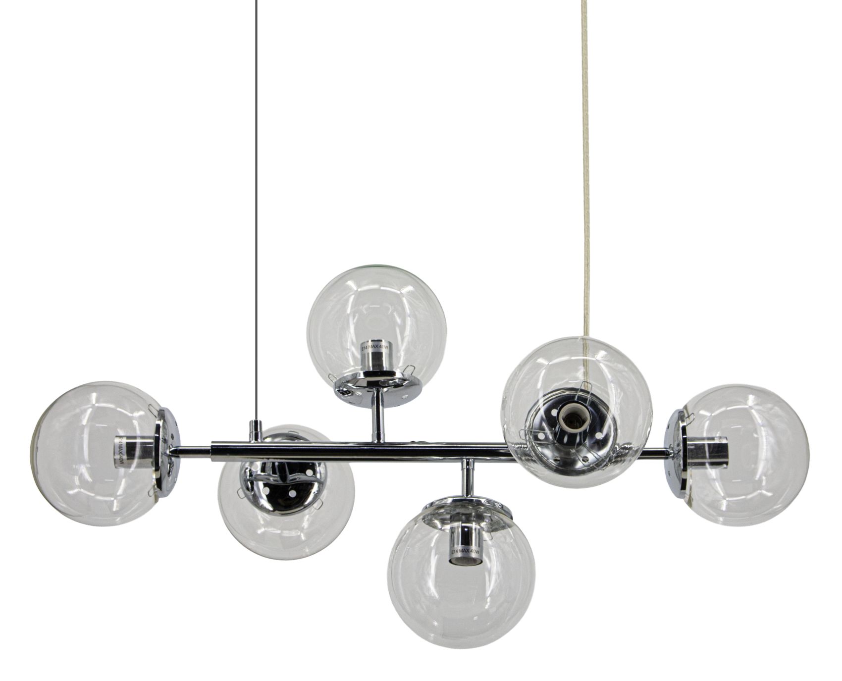 Lampa wisząca Paco z sześcioma kloszami E14 w formie przezroczystych kul, zawieszona na cienkim, chromowanym ramieniu. Klosze umieszczone na metalowej podstawie w kolorze chromu, z widocznymi oprawkami. Prosta konstrukcja, nowoczesny design.