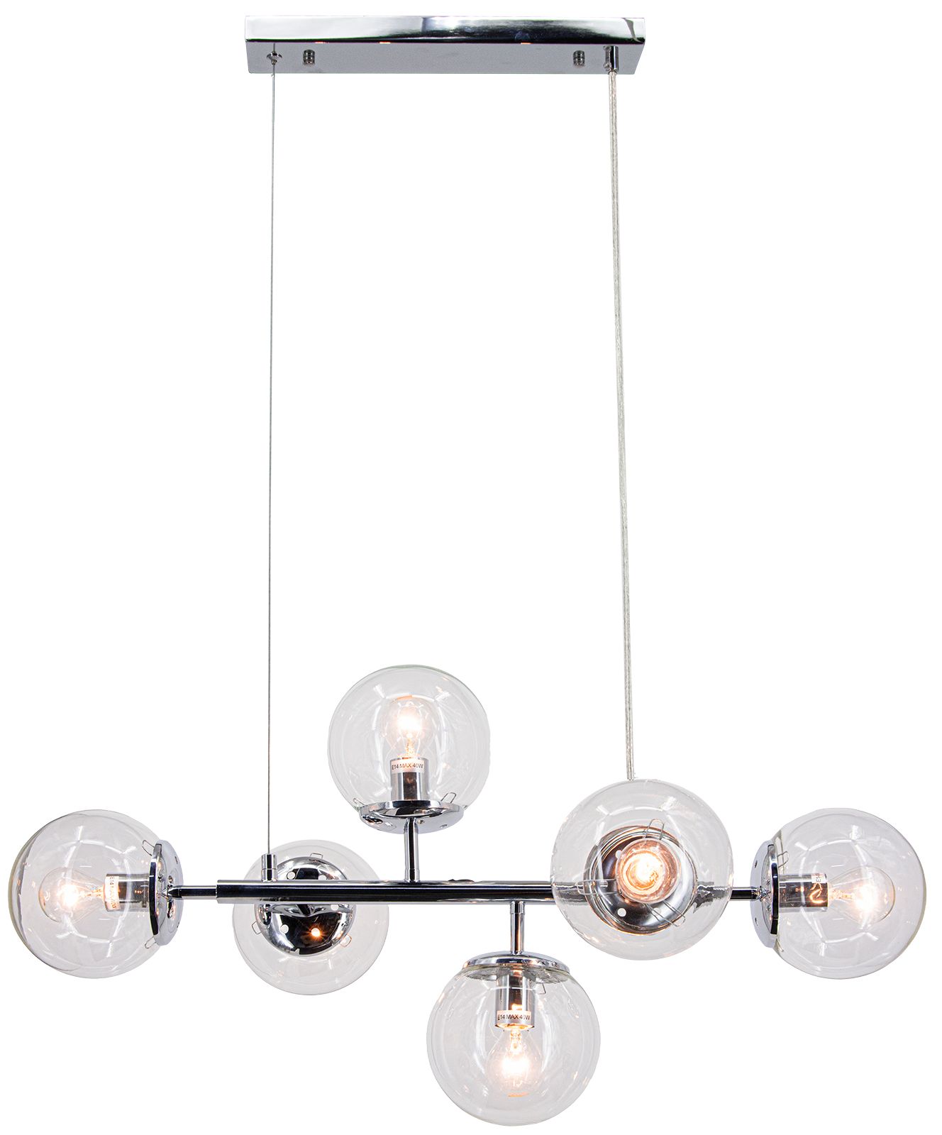 Sześciopunktowa lampa wisząca Paco z chromowanym stelażem, posiadająca przezroczyste kuliste klosze. Ujęcie frontalne, lampy zawieszone na cienkich linkach, z widocznymi żarówkami E14. Idealna do nowoczesnych wnętrz.