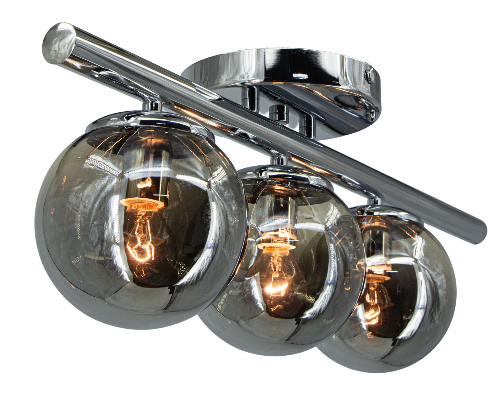 Lampa sufitowa Argo z trzema kloszami E14 w kolorze chromu. Klosze mają kształt półkulistych, transparentnych kul, a całość zamontowana jest na prostym, metalowym stelażu. Idealna do nowoczesnych wnętrz.
