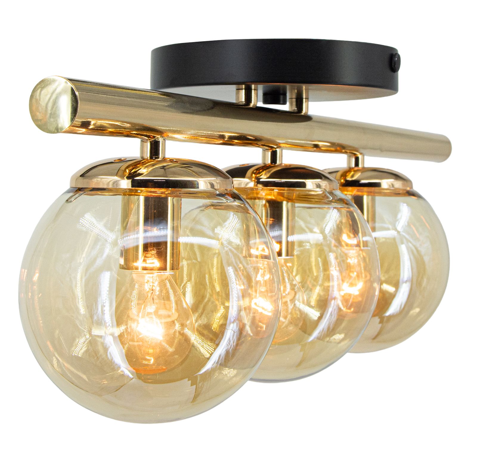 Lampa sufitowa Argo z trzema kulistymi kloszami, złota metalowa konstrukcja z czarnym detalem. Klosze szklane, przezroczyste z delikatnym złotym odcieniem. Ujęcie frontalne, produkt zamontowany na suficie.
