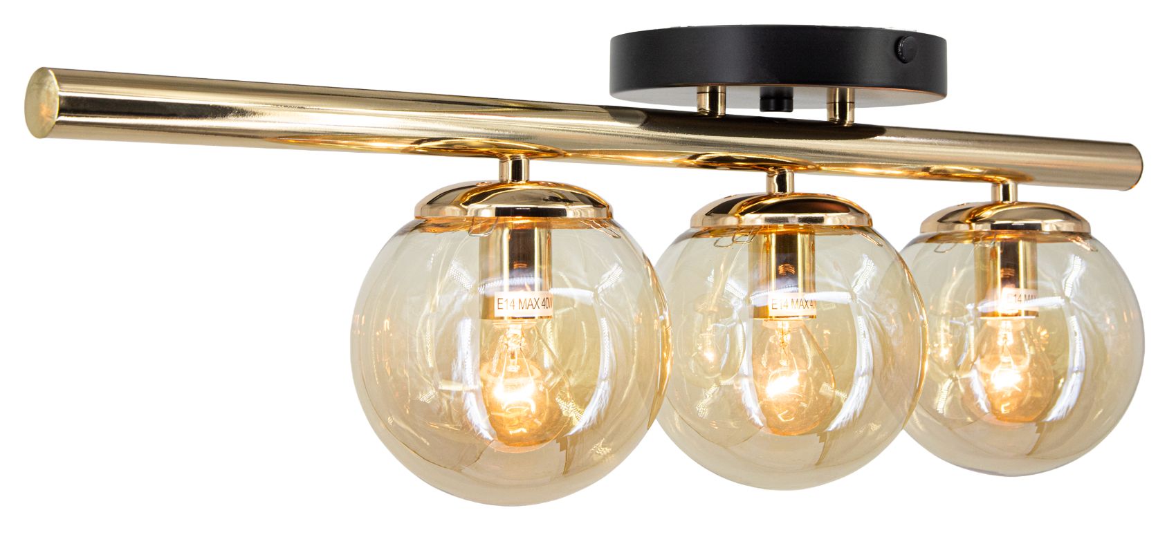 Lampa sufitowa Argo w kolorze złotym i czarnym, z trzema okrągłymi kloszami z przezroczystego szkła. Ujęcie z boku, montowana na suficie. Widoczne źródła światła E14. Główna konstrukcja w złotym wykończeniu, z czarnym elementem mocującym.