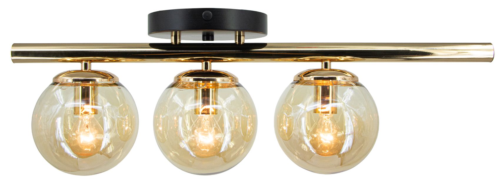 Lampa sufitowa Argo 3xE14 w złotym i czarnym kolorze, z trzema szklanymi kulami. Kule mają przezroczyste wykończenie, a metalowa belka jest błyszcząca. Ujęcie frontalne, lampa zamontowana na suficie.