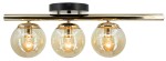 Lampa sufitowa Argo 3xE14 w złotym i czarnym kolorze, z trzema szklanymi kulami. Kule mają przezroczyste wykończenie, a metalowa belka jest błyszcząca. Ujęcie frontalne, lampa zamontowana na suficie.