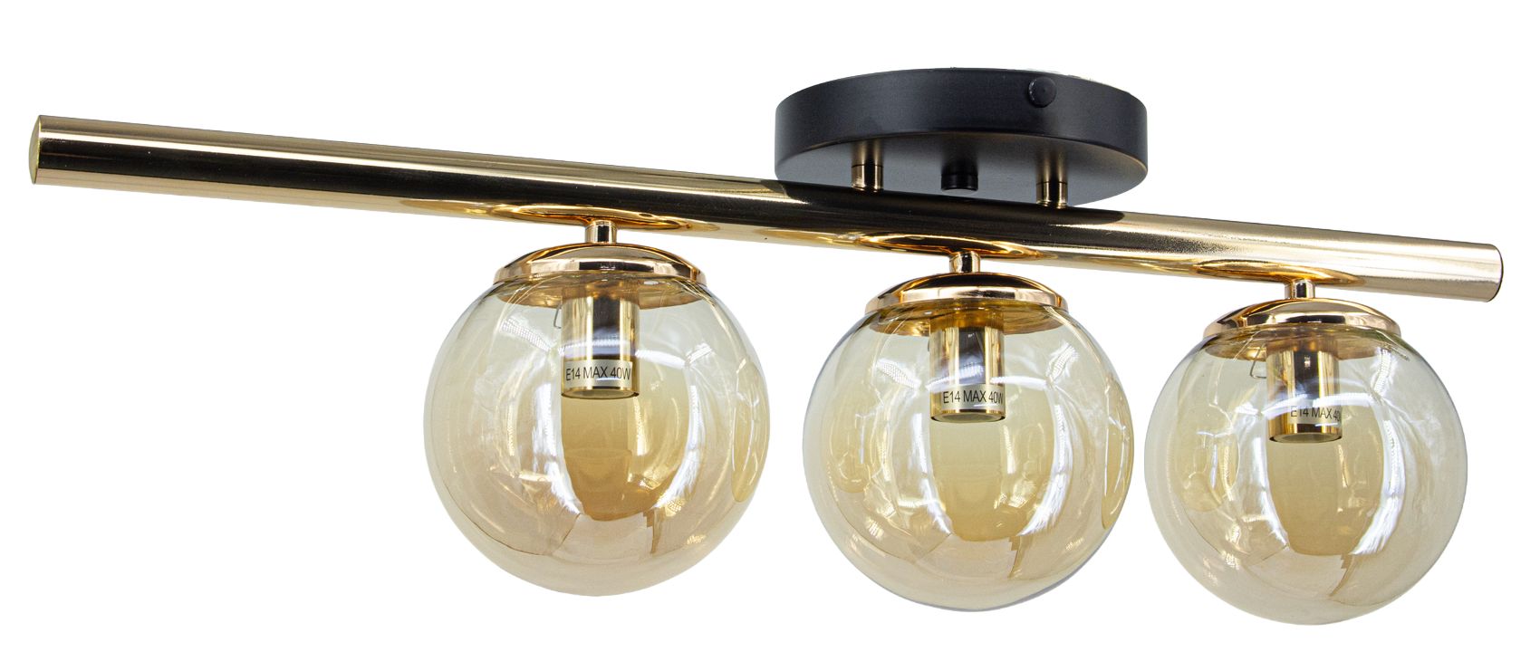 Lampa sufitowa Argo 3xE14 w kolorze złotym i czarnym, z trzema szklanymi kulami. Konstrukcja z metalowym prętem, zawieszona na czarnej podstawie. Widoczna etykieta E14 MAX 40W na każdej oprawie.