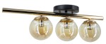 Lampa sufitowa Argo 3xE14 w kolorze złotym i czarnym, z trzema szklanymi kulami. Konstrukcja z metalowym prętem, zawieszona na czarnej podstawie. Widoczna etykieta E14 MAX 40W na każdej oprawie.