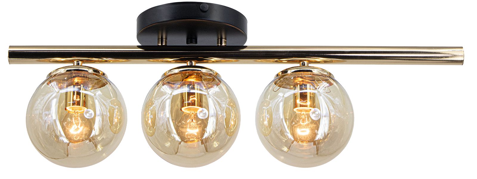 Lampa sufitowa Argo z trzema kloszami w złotym kolorze na czarnej podstawie. Klosze mają okrągły kształt i transparentną fakturę, eksponując żarówki E14. Ujęcie frontalne, zamontowana pod sufitem.
