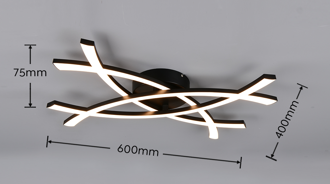 Lampa sufitowa Pollock 1xLED 22W w kolorze czarnym. Wymiary: 600mm szerokości, 400mm długości, 75mm wysokości. Posiada nowoczesny, geometryczny kształt z cienkimi, prostymi liniami w kolorze białym, które emitują światło. Montaż sufitowy.