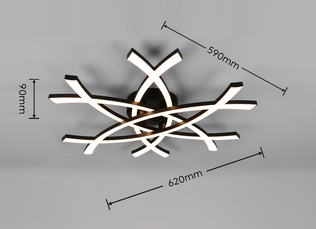 Lampa sufitowa Pollock w kolorze czarnym, z 1 diodą LED o mocy 33W. Posiada nowoczesny, geometryczny wzór z zakrzywionymi ramionami. Wymiary: 620mm szerokości, 590mm długości, 90mm wysokości. Montaż sufitowy, idealna do nowoczesnych wnętrz.