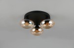 Lampa sufitowa Divina z trzema kloszami E14 w kolorze czarnym i bursztynowym. Klosze o okrągłym kształcie, transparentne z metalicznymi akcentami, zamontowane na okrągłej podstawie. Ujęcie frontalne, pokazujące detale oświetlenia.