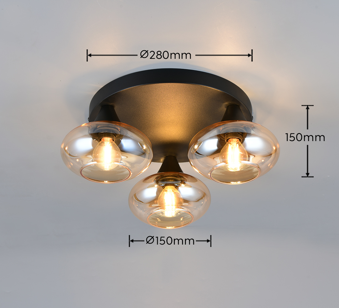 Lampa sufitowa Divina w kolorze czarnym z trzema bursztynowymi kloszami, kształt okrągły. Wymiary: Ø280mm, wysokość 150mm. Klosze mają średnicę Ø150mm, zamontowane na czarnej podstawie. Idealna do nowoczesnych wnętrz.