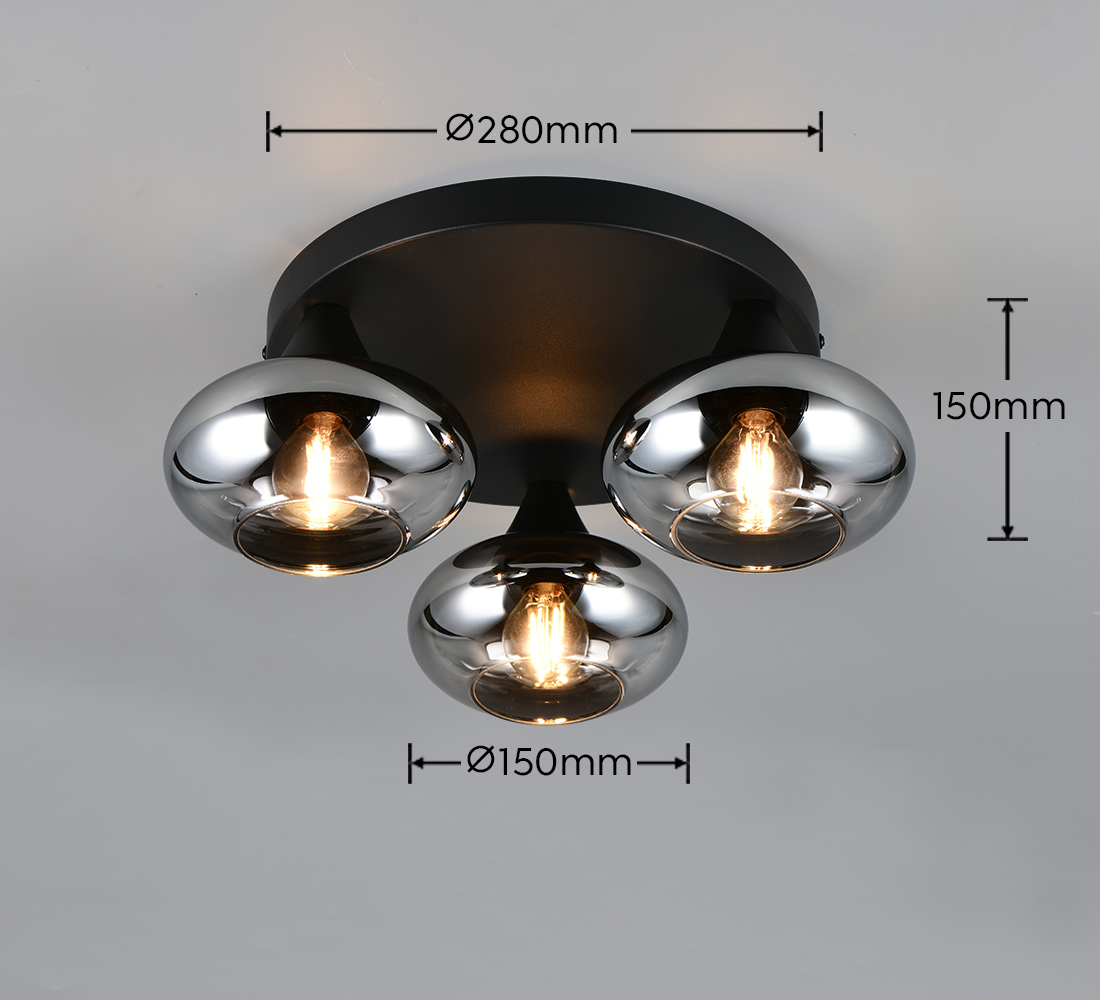 Lampa sufitowa Divina 3xE14 w kolorze czarnym z przydymionymi kloszami. Okrągła podsufitka o średnicy 280 mm, z trzema żarówkami o średnicy 150 mm, zawieszona na 150 mm. Stylowy, nowoczesny design.