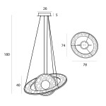 Lampa wisząca Alexia z dwoma źródłami LED 45W, złota. Okrągły kształt, średnica 78 cm, wysokość 180 cm. Wzór z przezroczystymi detalami, zamontowana na prostokątnym mocowaniu o wymiarach 26x5 cm.