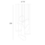 Lampa wisząca Empire z 7 źródłami LED, o mocy 121W, w kolorze złotym. Okrągła podstawa o średnicy 110 cm, z elementami w organicznych kształtach, w kolorze białym. Wysokość całkowita 250 cm, zawieszona na cienkich linkach.