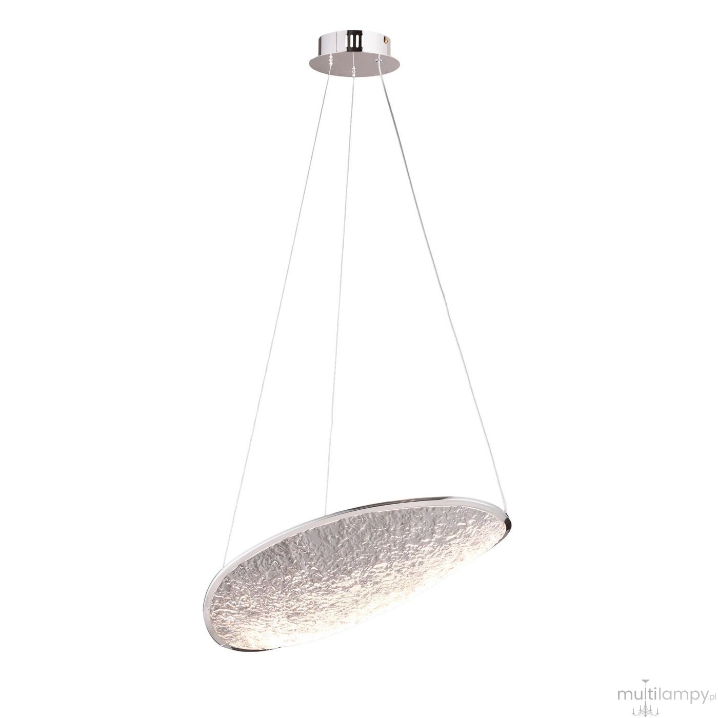 Lampa wisząca Empire z jednym źródłem LED 17W w chromowanej obudowie. Posiada okrągły, teksturowany klosz w jasnym odcieniu, zawieszona na cienkich linkach. Kąt ujęcia z boku, na jednolitym tle. Idealna do nowoczesnych wnętrz.