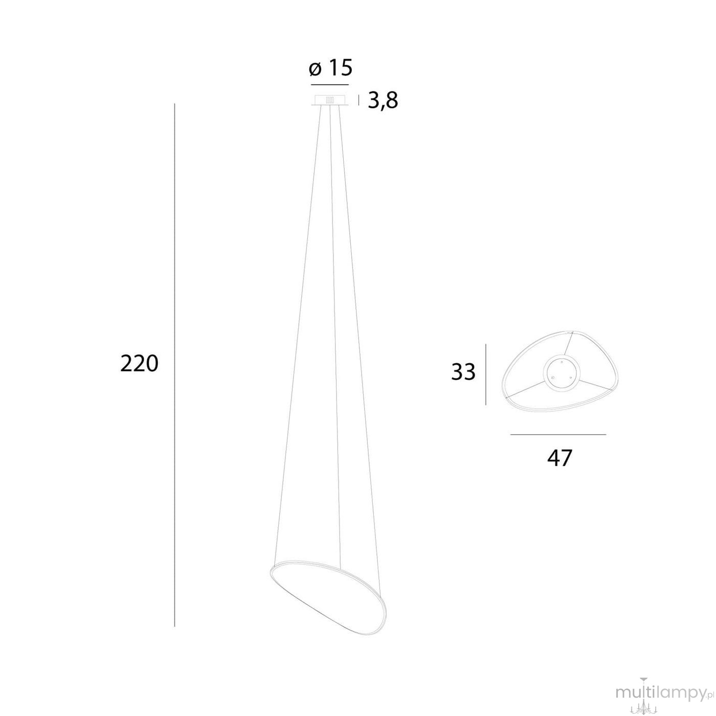 Lampa wisząca Empire z jedną diodą LED 17W w wykończeniu chromowanym. Kształt stożka o średnicy 15 cm, zawieszona na cienkim kablu. Wysokość całkowita 220 cm, widoczne detale montażowe na górze. Minimalistyczny design, idealna do nowoczesnych wnętrz.