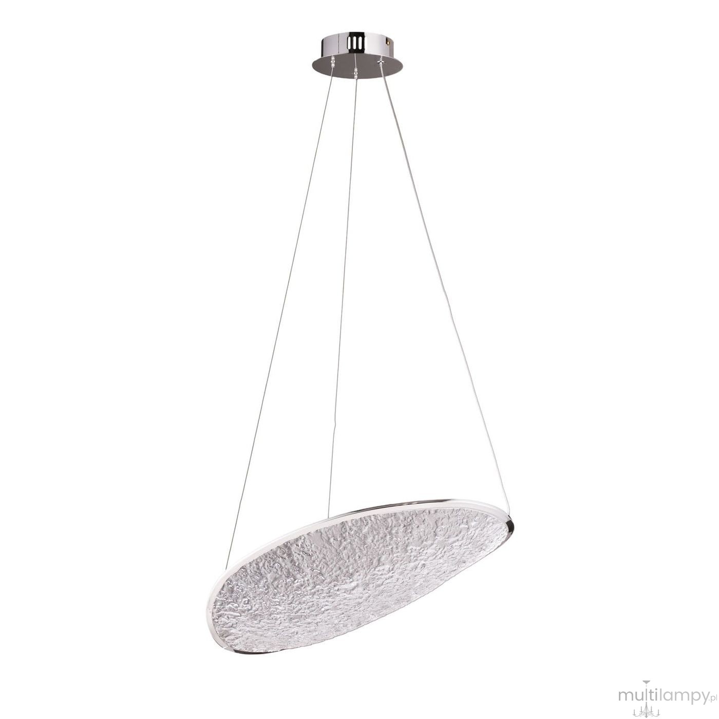 Lampa wisząca Empire z jednym źródłem LED 17W, chromowana, o owalnym kształcie. Posiada teksturowaną powierzchnię oraz jest zawieszona na cienkich linkach. Montaż sufitowy, nowoczesny design.