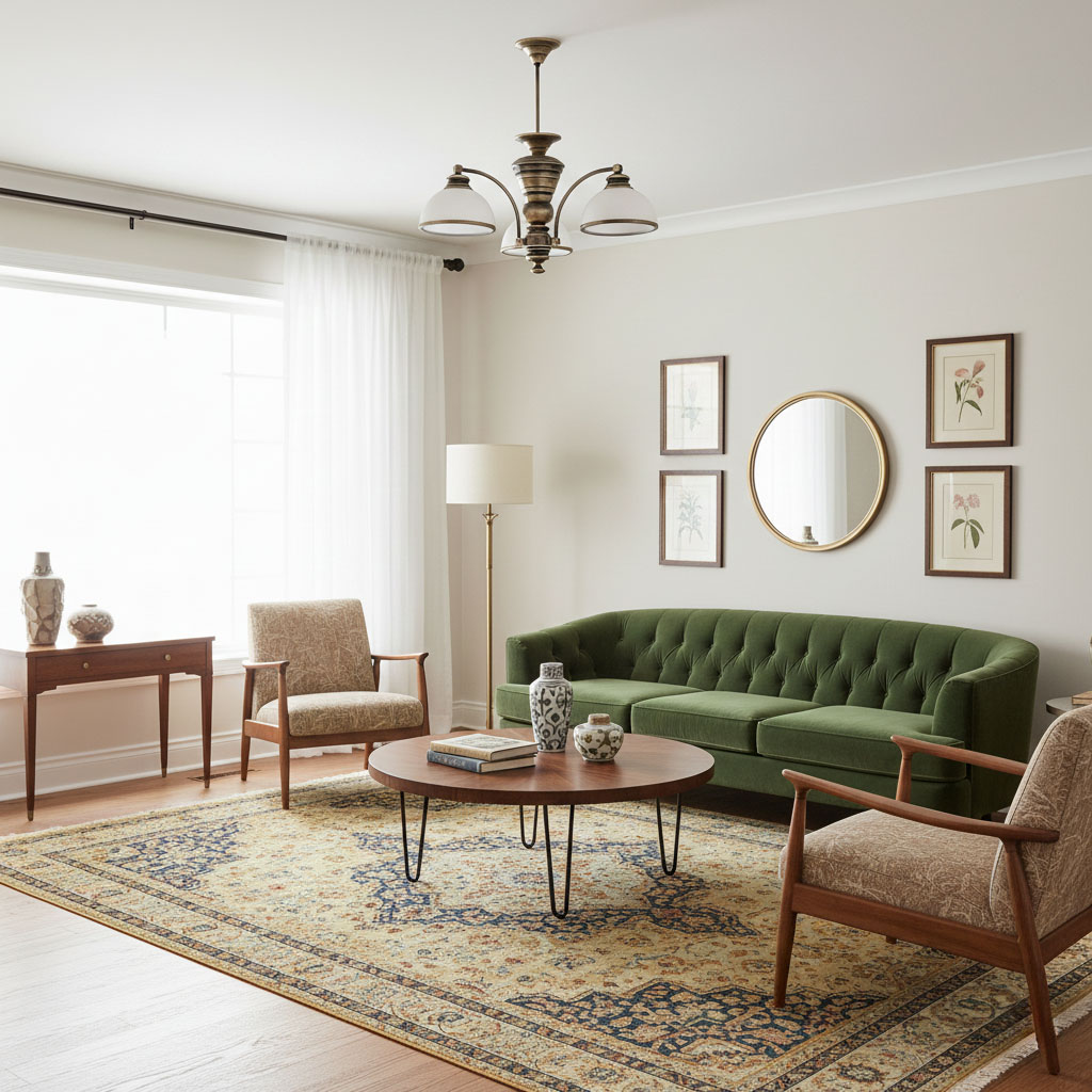 Żyrandol Pelion 3-punktowy O3183 W3 PAT w kolorze brązowym z trzema kloszami z białego szkła, zamontowany na suficie w jasnym wnętrzu. Widoczny w aranżacji salonu z zieloną sofą, okrągłym stolikiem i drewnianymi meblami.