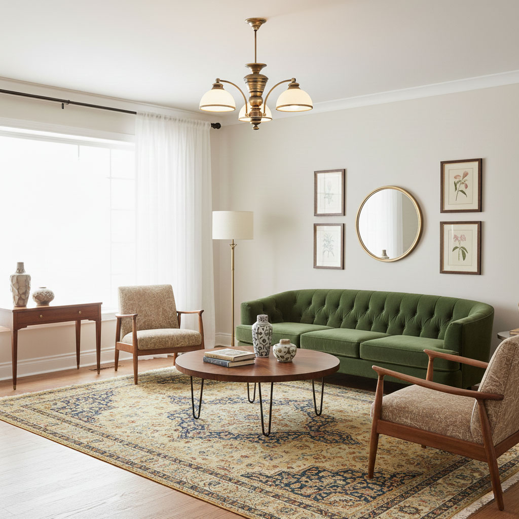 Żyrandol Pelion 3-punktowy O3183 W3 PAT w kolorze mosiądzu, z trzema białymi kloszami w kształcie mis, zawieszony na cienkim, metalowym stelażu. Produkt znajduje się w stylowo urządzonym wnętrzu z zieloną sofą i okrągłym stołem.