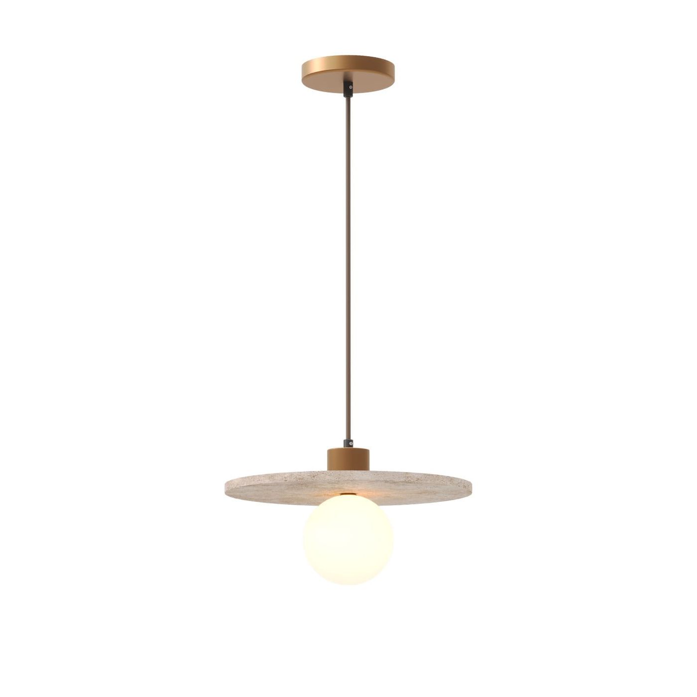 Lampa wisząca Lando z naturalnego kamienia, z metalowym mocowaniem w kolorze złotym. Posiada okrągły klosz z białym źródłem światła, zawieszona na cienkim stalowym przewodzie. Idealna do nowoczesnych wnętrz.