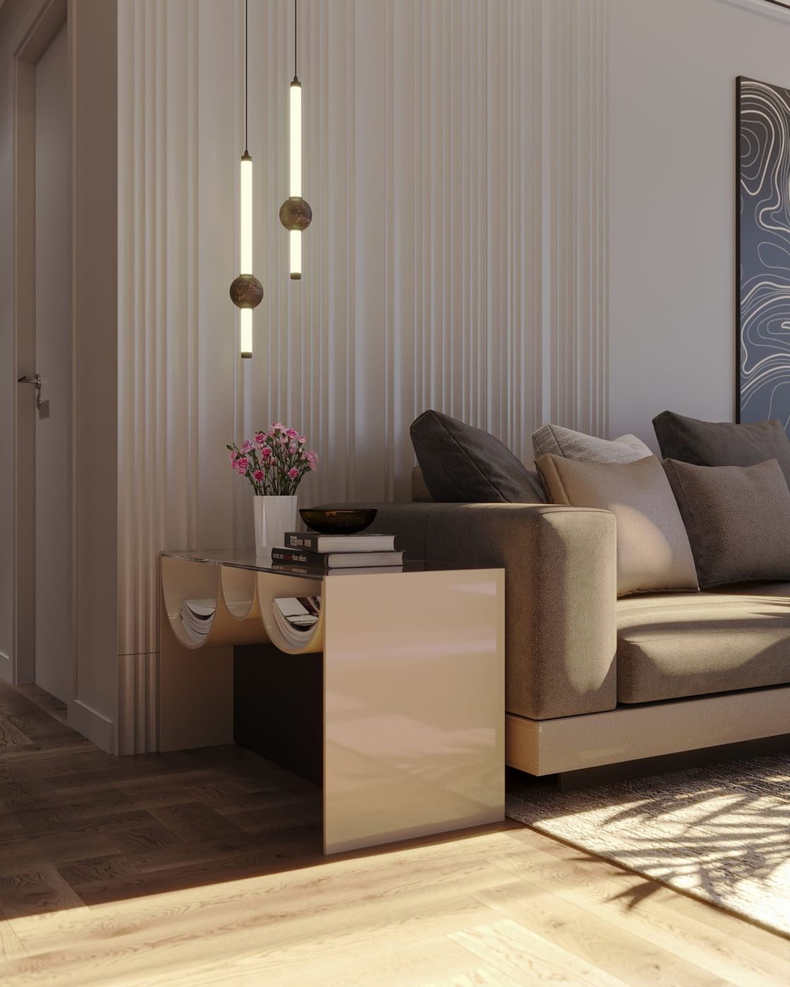 Czarna lampa wisząca Verdes z jedną żarówką LED 10W, w kształcie prostokątnego tubularnego klosza, zawieszona nad stolikiem kawowym w nowoczesnym wnętrzu. Tło z teksturowanymi panelami, obok kwiaty i książki na stole.