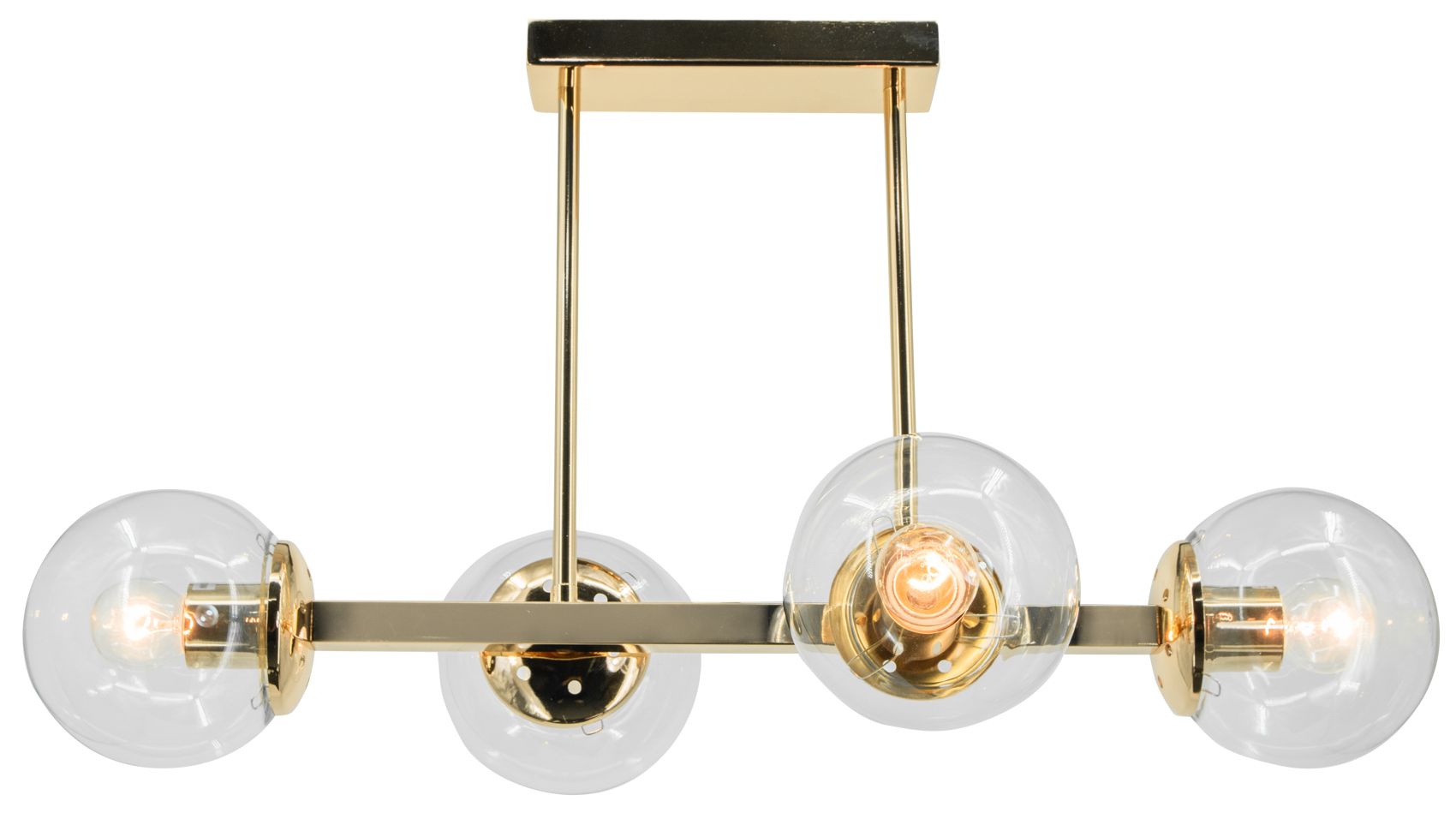 Lampa sufitowa Sintra 4xE27 w złotym kolorze, z przezroczystymi kloszami w kształcie kul. Ułożona poziomo, zawieszona na metalowej ramie. Widoczne detale to lśniące wykończenie oraz szczeliny dla żarówek. Idealna do nowoczesnych wnętrz.