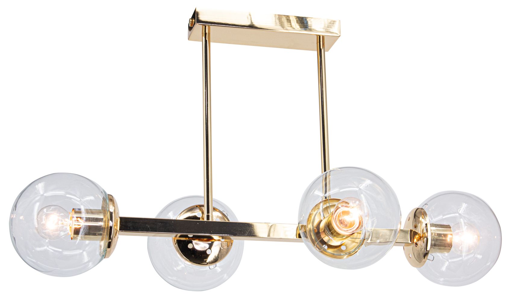 Lampa sufitowa Sintra w kolorze złotym z czterema kloszami z przezroczystego szkła, umieszczona na prostokątnej podstawie. Klosze w kształcie kul są umocowane na metalowej ramie, zapewniając elegancki wygląd. Ujęcie z przodu, wisząca konstrukcja.