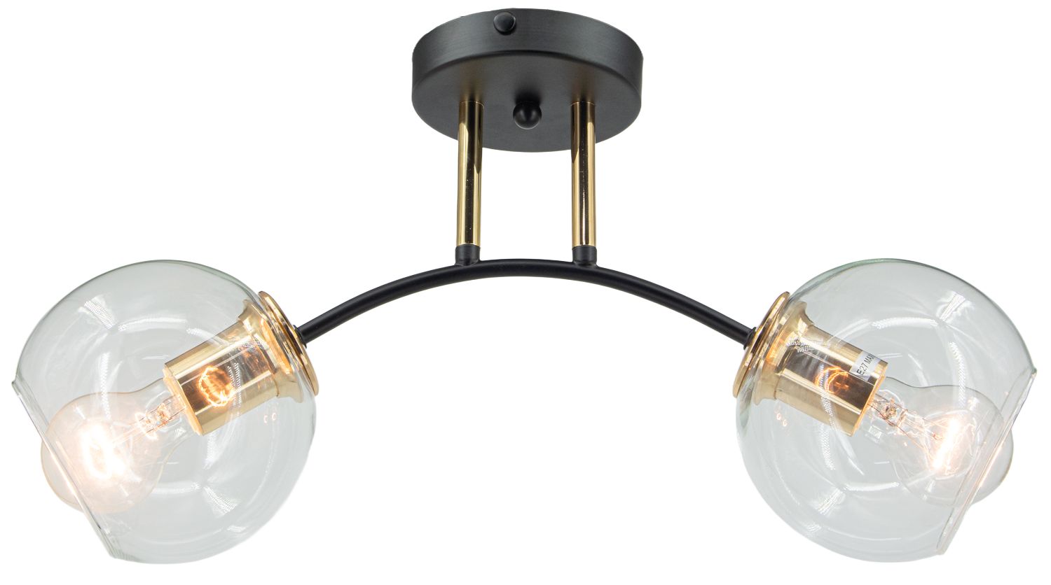 Lampa sufitowa Elba 2xE27 w kolorze czarnym i złotym, z dwoma szklanymi kloszami w kształcie kul. Ułożona w pozycji wiszącej, z metalową podstawą i złotymi detalami. Klosze przeźroczyste, odsłaniają żarówki.