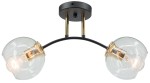 Lampa sufitowa Elba 2xE27 w kolorze czarnym i złotym, z dwoma szklanymi kloszami w kształcie kul. Ułożona w pozycji wiszącej, z metalową podstawą i złotymi detalami. Klosze przeźroczyste, odsłaniają żarówki.