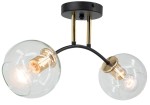 Lampa sufitowa Elba z dwoma oprawami E27, czarna z elementami złotymi. Szklane klosze w kształcie kul, zamontowane na łuku. Ujęcie z góry, pokazujące detale konstrukcji i źródła światła.