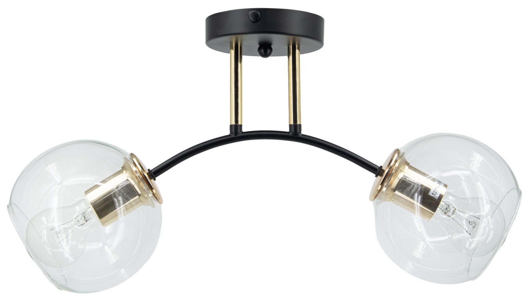 Lampa sufitowa Elba z dwoma oprawami E27, w kolorze czarnym i złotym. Posiada szklane klosze o okrągłym kształcie, zamontowane na łuku. Ujęcie z boku, pokazujące detale mocowania i kształt kloszy.