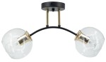 Lampa sufitowa Elba z dwoma oprawami E27, w kolorze czarnym i złotym. Posiada szklane klosze o okrągłym kształcie, zamontowane na łuku. Ujęcie z boku, pokazujące detale mocowania i kształt kloszy.
