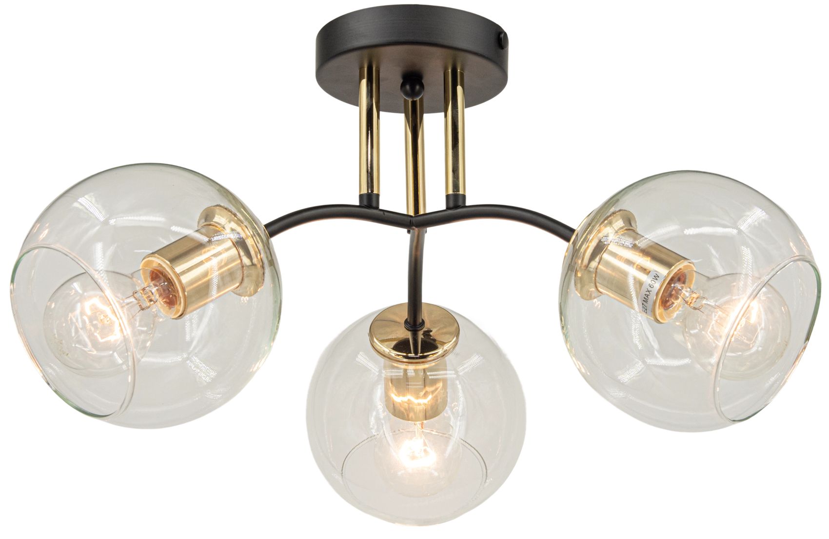 Lampa sufitowa Elba z trzema oprawami E27, w kolorze czarnym i złotym. Szklane klosze w kształcie kul, montowane na metalowej konstrukcji. Widok z góry, ukazujący połączenie materiałów i detale wykończenia.