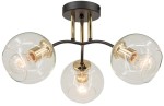 Lampa sufitowa Elba z trzema oprawami E27, w kolorze czarnym i złotym. Szklane klosze w kształcie kul, montowane na metalowej konstrukcji. Widok z góry, ukazujący połączenie materiałów i detale wykończenia.