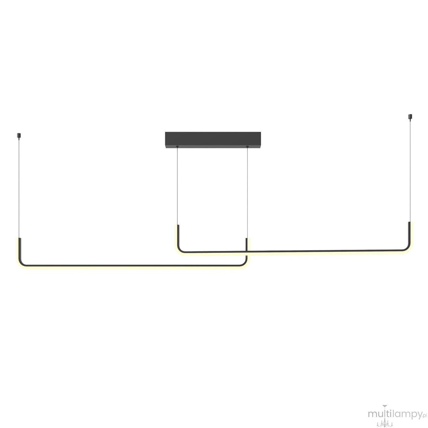 Lampa wisząca Urus w kolorze czarnym z dwoma źródłami światła LED 30W. Prosty, minimalistyczny design z cienkimi metalowymi ramionami, zawieszona na cienkich linkach. Oświetlenie idealne do nowoczesnych wnętrz.