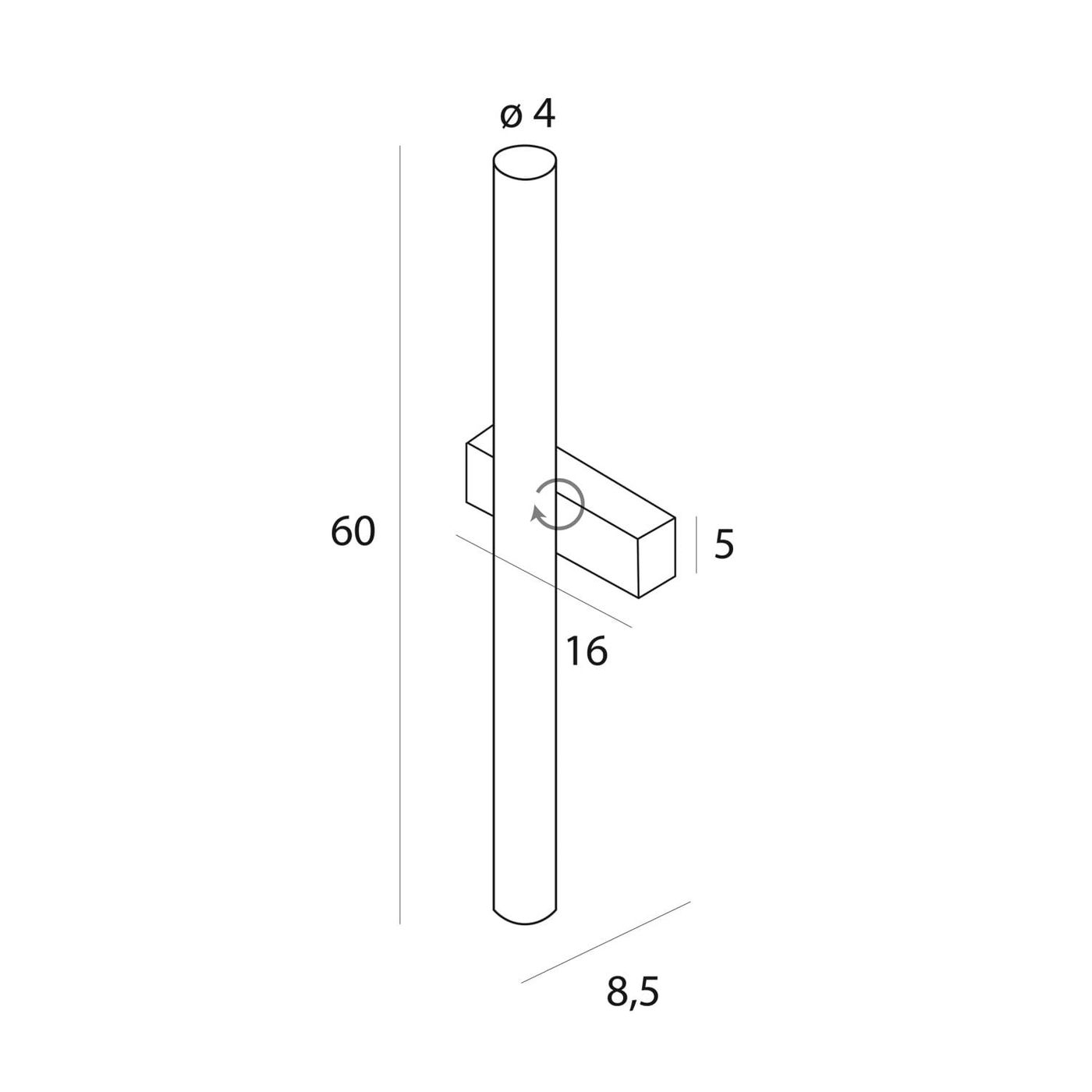 Czarny kinkiet Thora z 1xLED 12W, IP44, o wymiarach 60 cm wysokości i 4 cm średnicy. Prosty, cylindryczny kształt z prostokątnym mocowaniem. Widoczny detal mechanizmu obrotowego. Idealny do użytku wewnętrznego i zewnętrznego.