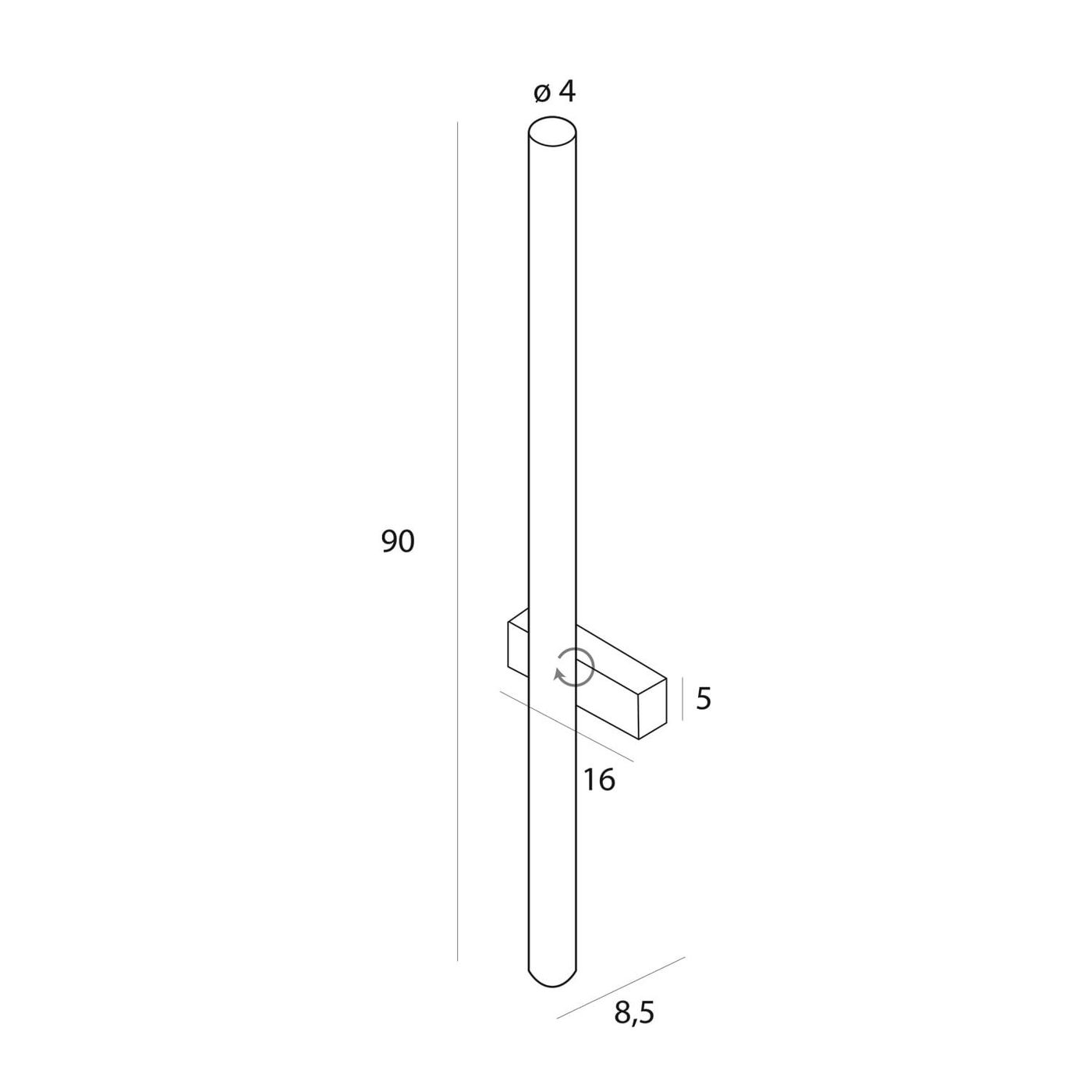 Czarny kinkiet Thora 1xLED 18W IP44, minimalistyczny design. Wysokość 90 cm, średnica 4 cm, prostokątna podstawa o wymiarach 16x5 cm. Montaż ścienny, idealny do wnętrz i na zewnątrz.
