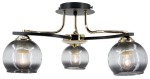Lampa sufitowa Cleo z trzema źródłami światła (E27), w kolorze czarnym i złotym. Posiada okrągłe, szare klosze z przezroczystym wykończeniem. Ujęcie frontalne, produkt zamontowany na suficie, widoczna elegancka konstrukcja z metalowymi detalami.